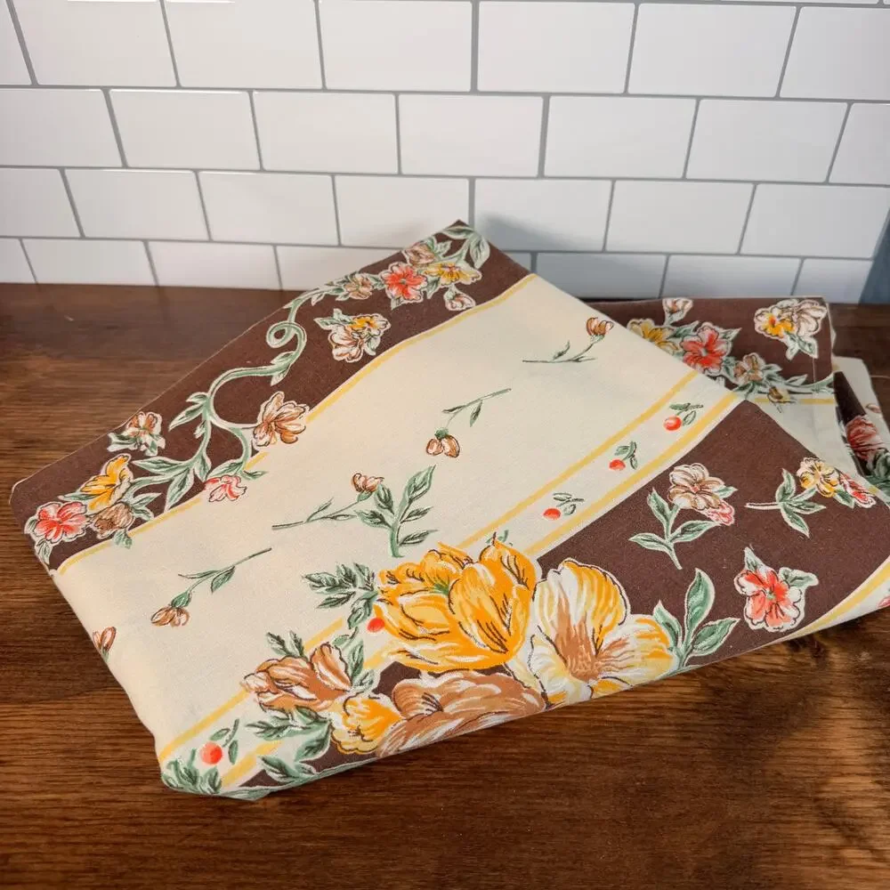 Vintage 1978 JP Stevens Floral Full Flat Sheet Brown Orange Yellow Retro Bedding